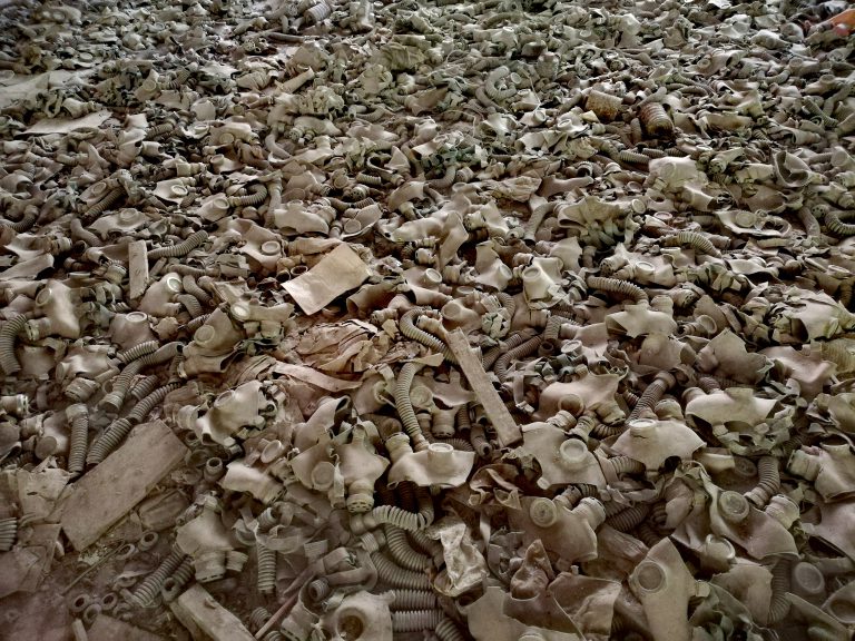 sea of gas masks from chernobyl disaster